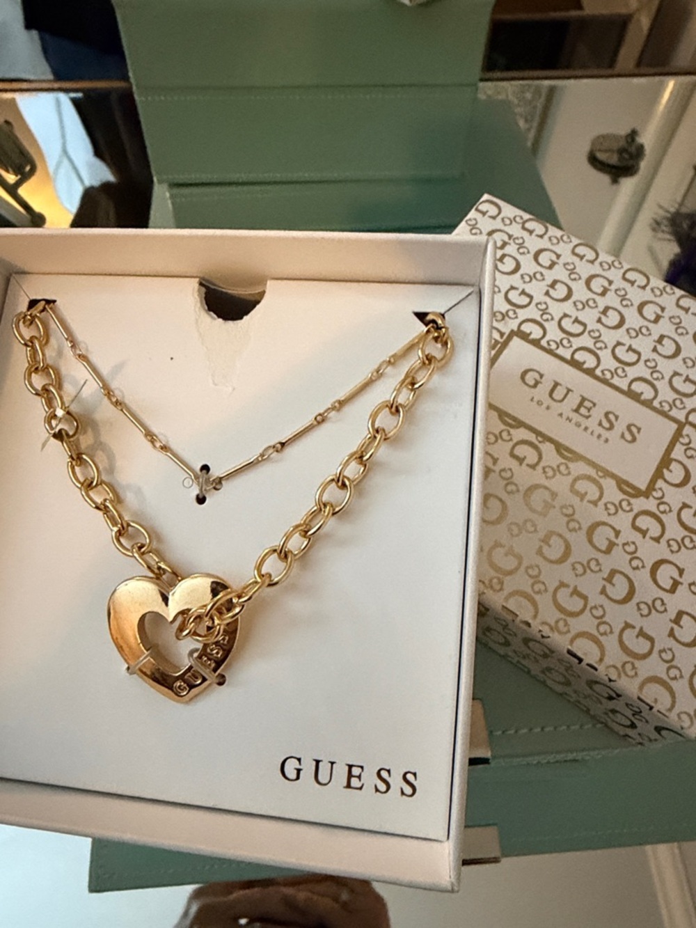 GUESS Classic Gold-Tone Double Layer Chain Heart Pendant Necklace